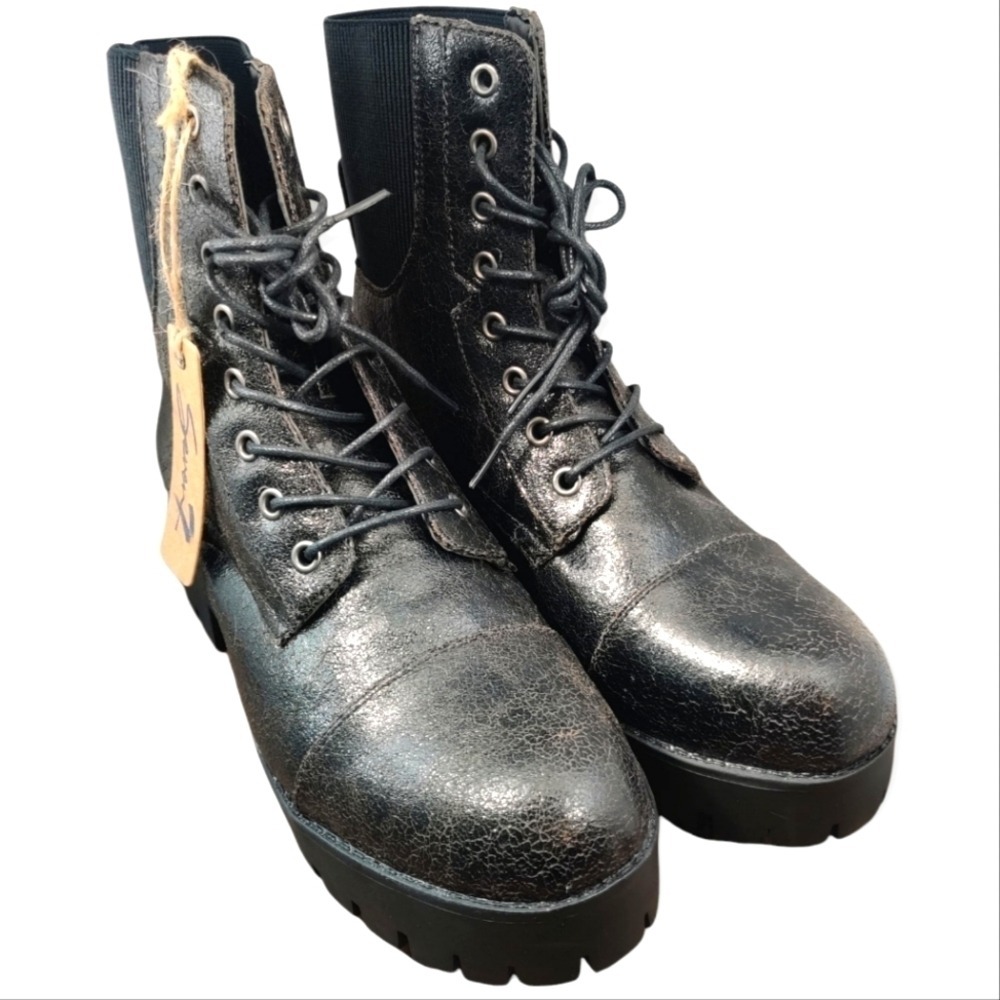 SEVEN7 Combat Boots Women Sz 10‎ Jadon Lug Sole Black Crackle Lace Up Platform
